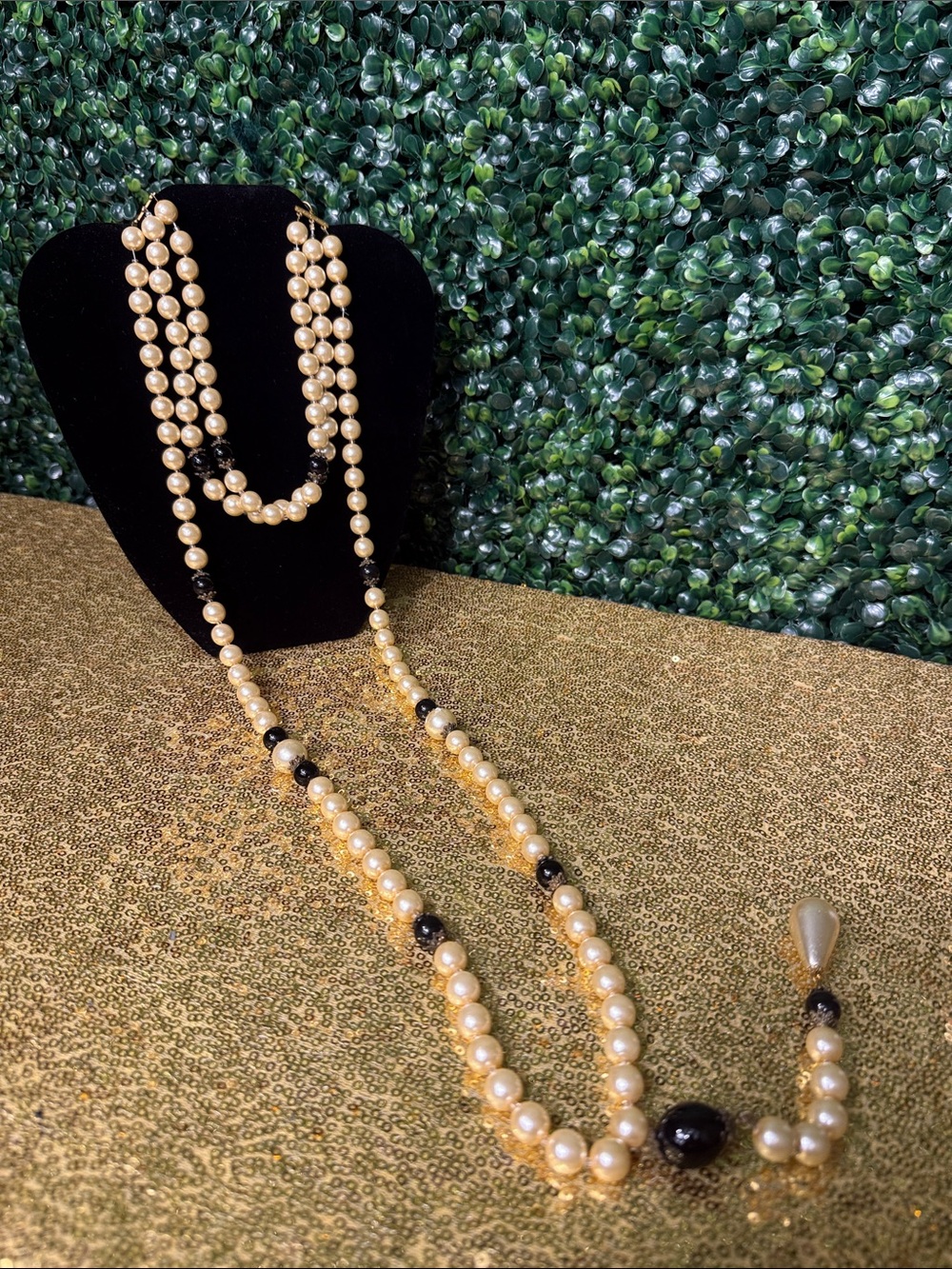 Designer Elegant Pearl and Black Bead Long Necklace - Women's Jewelry